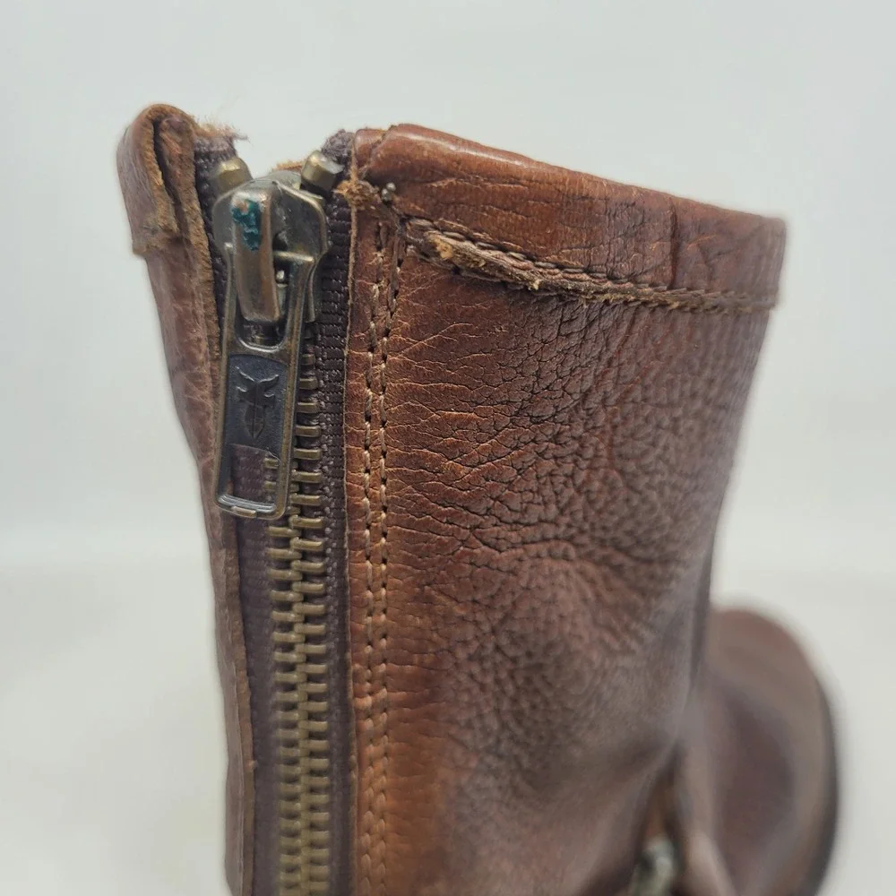 Frye Boots 12D Brown Leather Phillip Harness Short Moto Engineer Distressed Zip